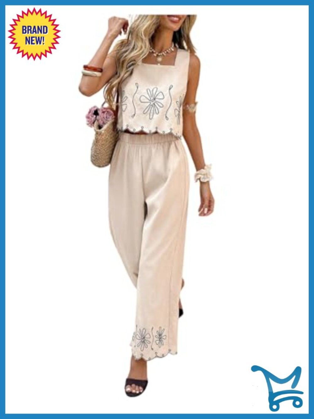 Embroidered Crop Tank and Palazzo Pants Set